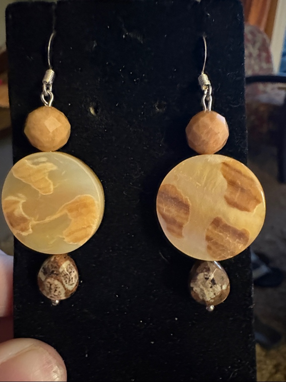 Hand Crafted Beige and Tan Round Stone Dangle Earrings